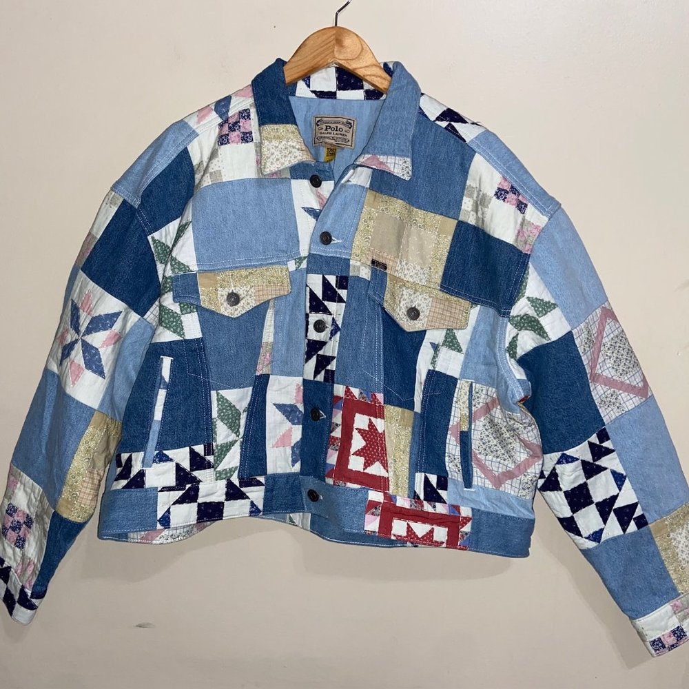 Polo Ralph Lauren Quilted Patchwork Trucker Denim Jacket Floral Aztec Womens L